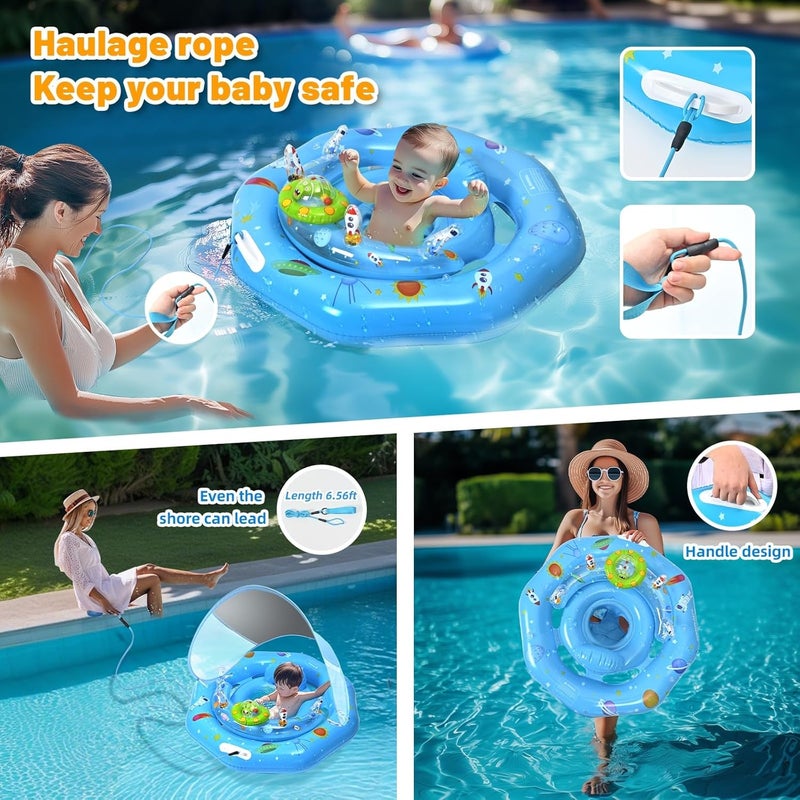 GEEQUFLOAT Baby Pool Float with Canopy & Toy Console,Adjustable Safe Seat,Removable UPF50+ Sunshade Infant Pool Float for 6-36 Months,Baby Floaties 6-12 Months with Safety Handle & Rope for Pool - Image 2